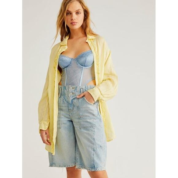 New Free People x CP Shades Solid Ruffle Linen Shirt $252 X-SMALL Banana Cream - Picture 2 of 7